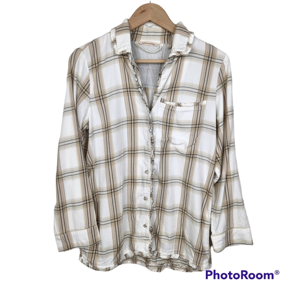 Soft Surroundings Tops - Soft Surroundings White Tan Blue Plaid Button Down Shirt Flannel Sz S